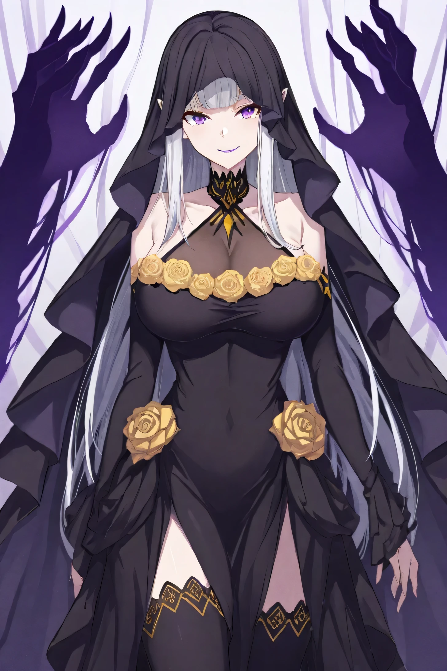 (Score_9, score_7:0.6), (masterpiece, best quality, good quality, newest:0.6),Satella, Satella, Anime, 1girl, black thighhighs, pointy ears, silver hair, skirt, smirk, purple lips, purple eyes, , black veil , black thighhighs , sleeveless black dress , white hair , long hair , breasts , yellow rose , standing , Big breasts, shadow hands ,