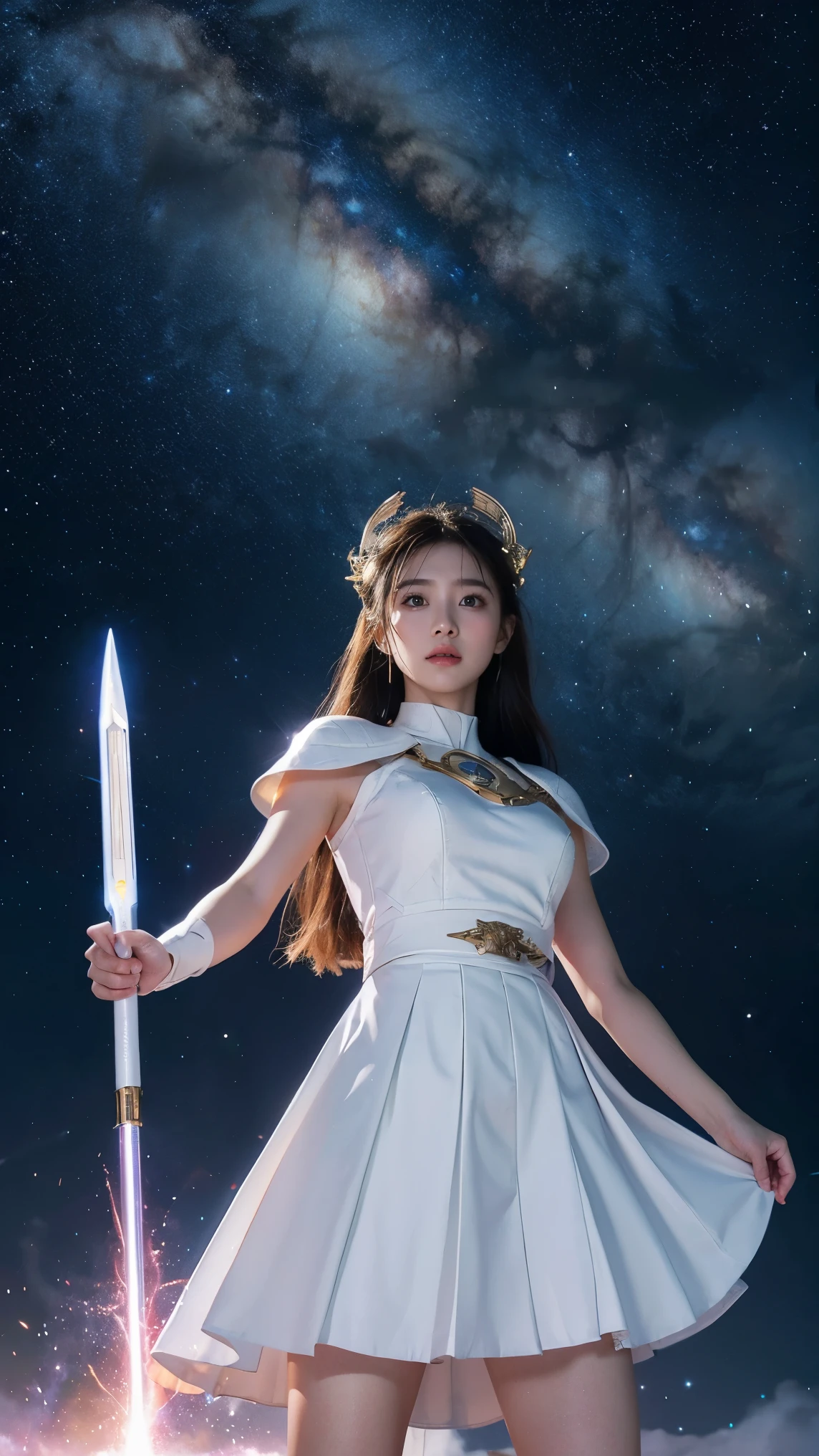 White combat uniform、skirt for ears、goddess of War、staff、high resolution、Unknown Power、thunder、wind、Inflammation、logic、Planetary alignment、starry sky、Blue Light、laser beam、god&#39;Weapons 、Diffuse reflection of light、Cyber Valkyrie