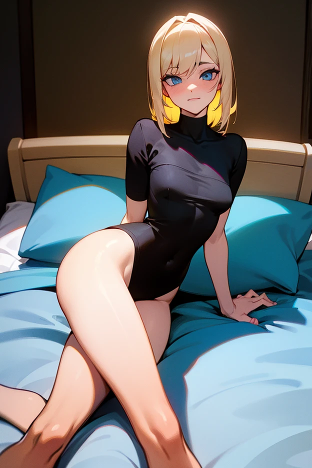 8k, beautiful eyes, beautiful body, Good anatomy young girl, ((from black with blue strands, blue eyes, small ponytail, full body, Highly detailed, bangs, short hair, big breasts, barefoot, bare legs, sexually suggestive, sexy, nude, ((sitting on bed)), shy smile.