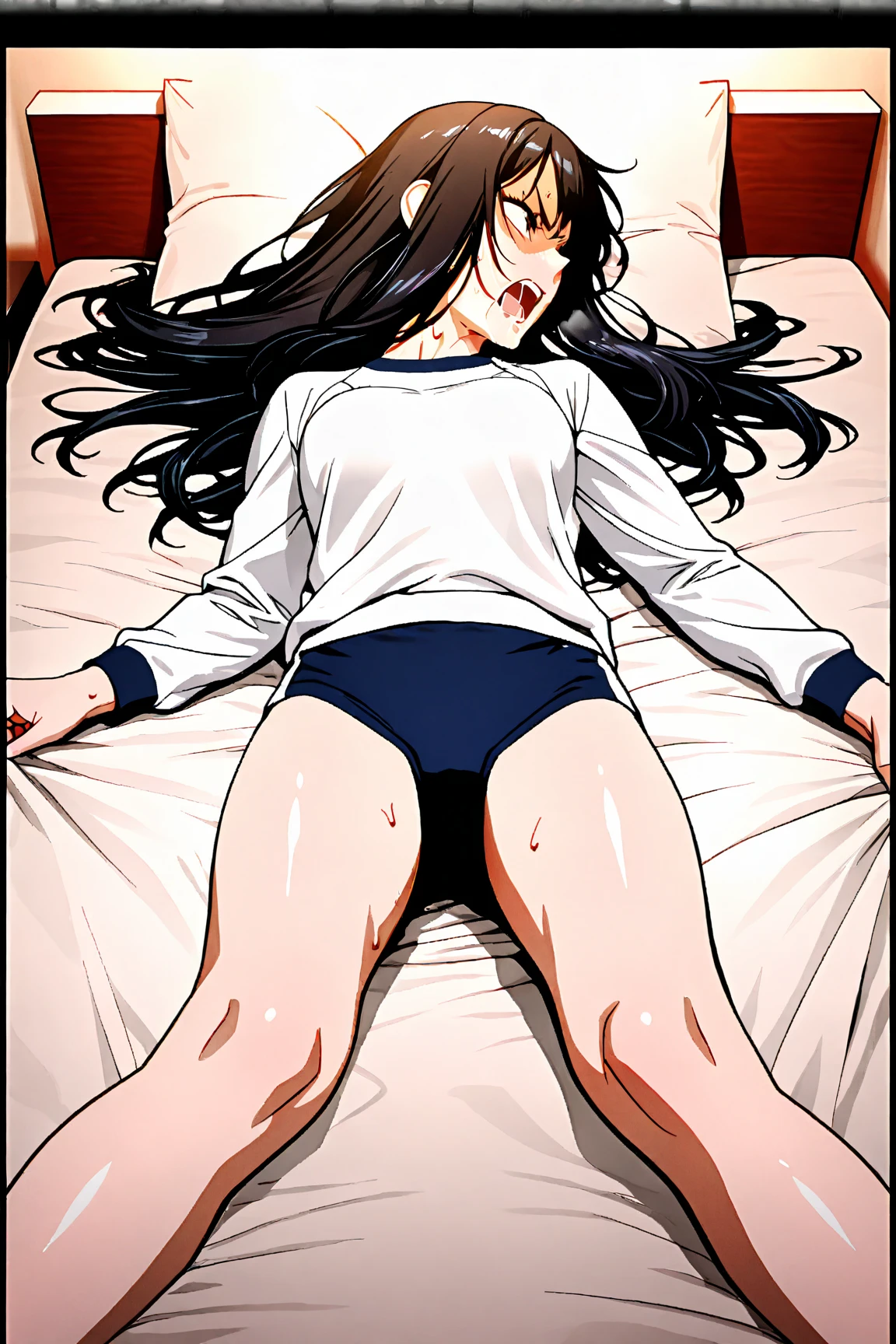 ((masterpiece, best quality)), ((25 year old)), (((Curvy))), ((Japanese woman with long black hair)), in ((white cotton panties)), ((blue hoodie)), ((Lying in bed)), (Dimly lit bedroom), (groggy expression), (((comic book art style)))