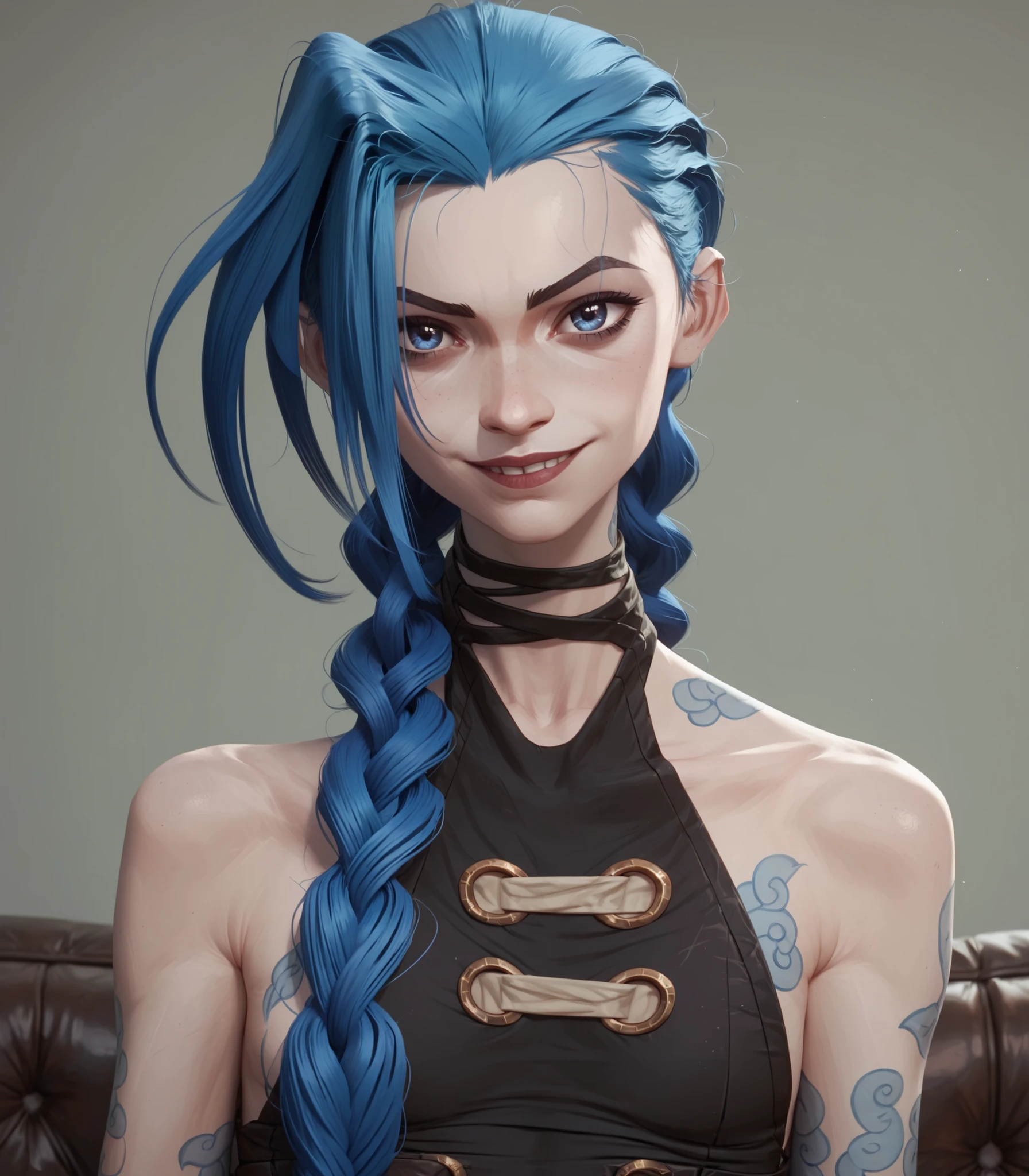 Lora: jinx, blue eyes and blue hair smirking small breasts beautiful lacy dres , flat chest