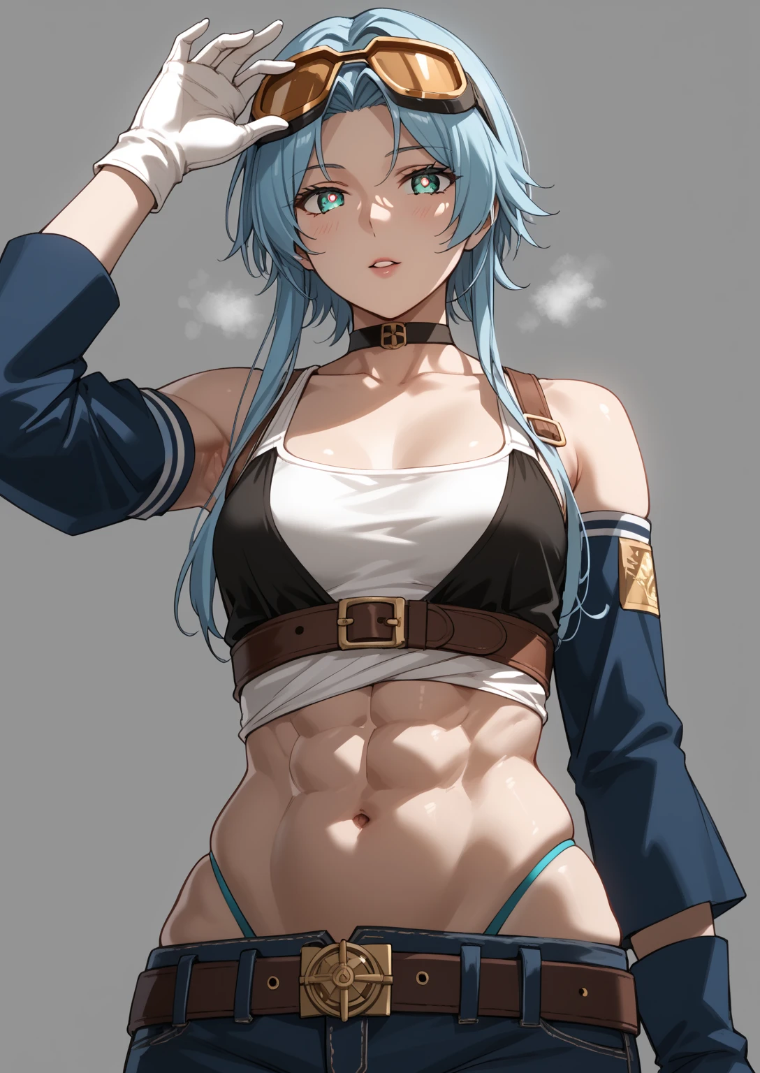 Sk1c Style, Sketch, ((Cinematic, unreal engine, eye-catching, ambient occlusion, UHD, masterpiece)), ((perfect lighting, rim lighting)), comic, score_9, score_8_up, score_7_up, score_6_up, score_5_up, score_4_up, uncensored, detailed background, vignetting, masterpiece, Cinematic, high quality, absurdres, best quality, very aesthetic, newest, digital art, trending on ArtStation, ((anatomical correct)), perfect body, perfect eyes, perfect fingers, gasping, heavy breathing, gasping profusely, cinematic, ((skindentation)), ((curvy)), mature female, eva aesland, long hair, light-blue hair, aqua eyes, glasses, parted bangs, ((small breasts)), bright pupils, plump, 1girl, breasts, solo, goggles_on_head, gloves, goggles, navel, choker, looking_at_viewer, muscular_female, belt, grey_background, muscular, parted_lips, elbow_gloves, white_gloves, eyewear_on_head, collarbone, midriff, simple_background, tank_top, pants, bare_shoulders, (highleg panties), armpits