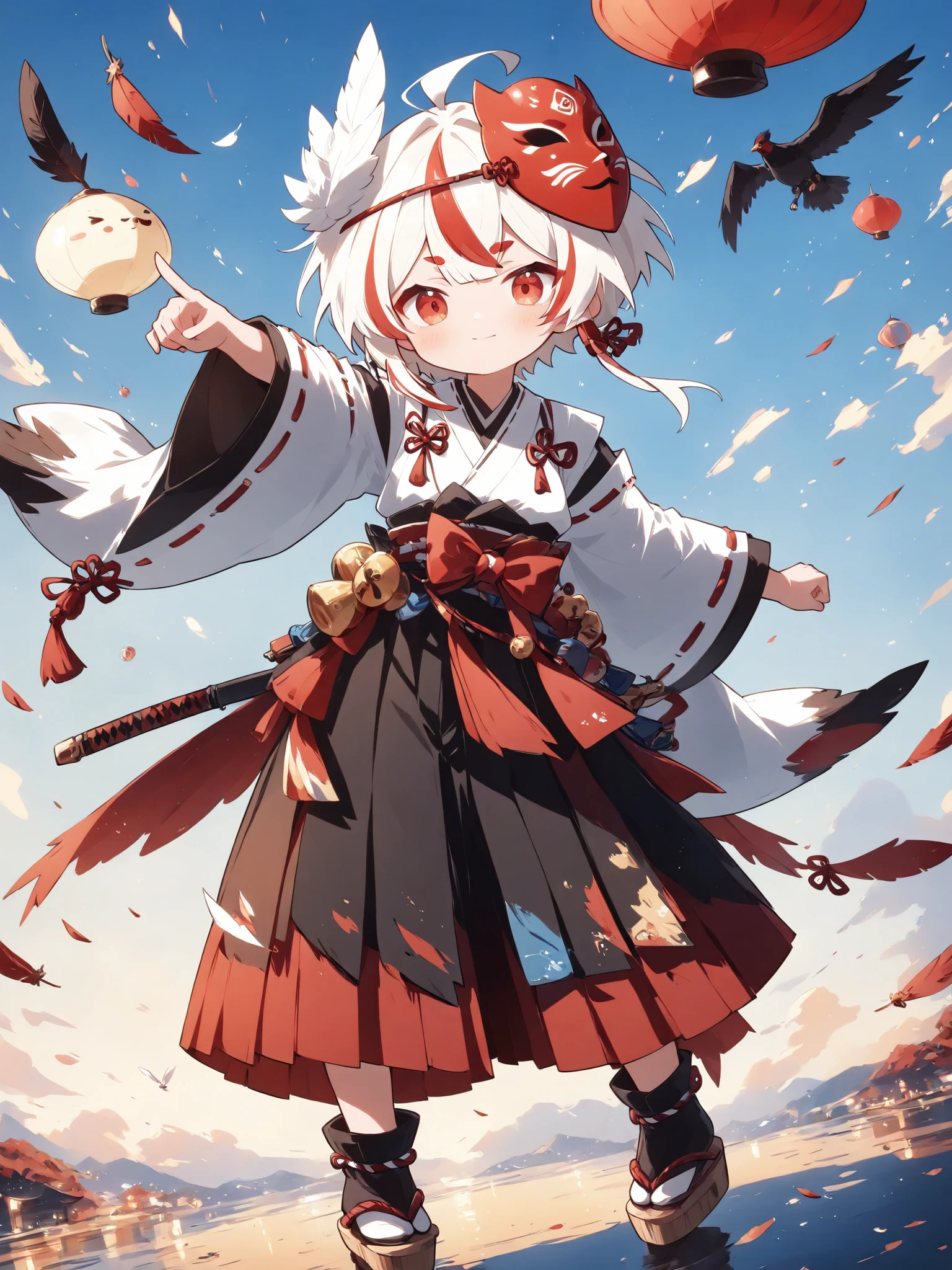  thin and soft painting style  、1 person、solo、 chibiキャラ、 chibi、Tengu girl、Sky Dog Decoration、Tengu Outfit、Tengu feather、Tengu clogs、Red eyebrows、Mask of a tengu on the head、white hair, highlights hair, red streaked hair、yellow porn、squint、boyish
