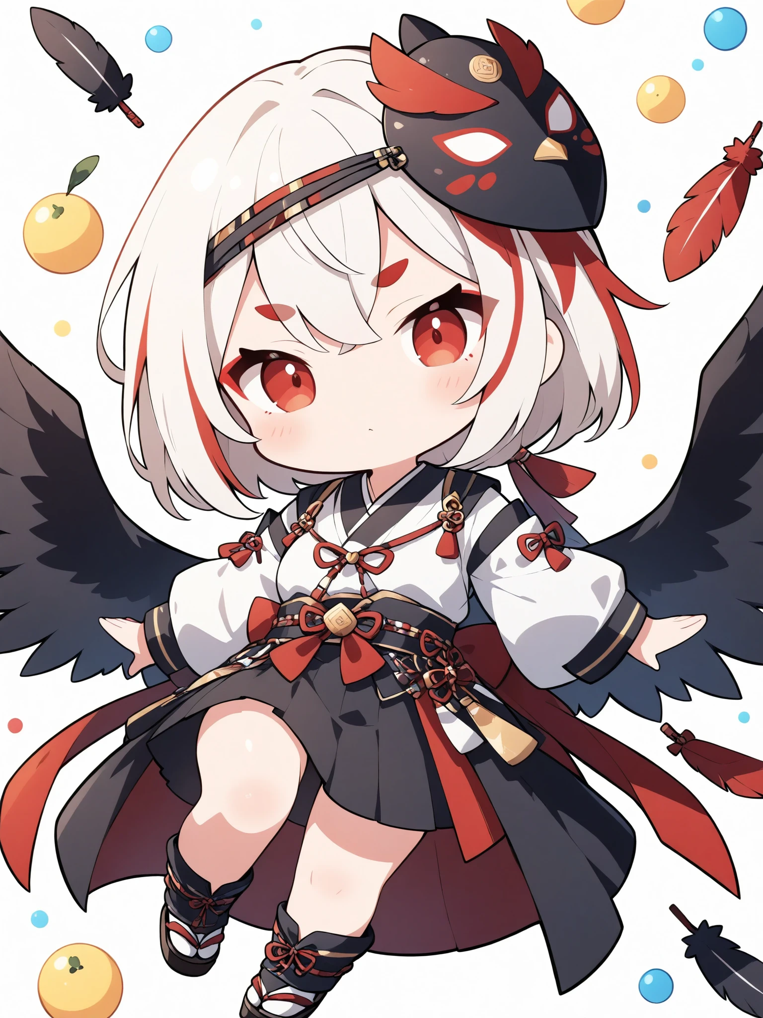 thin and soft painting style 、1 person、solo、 chibiキャラ、 chibi、Tengu girl、Sky Dog Decoration、Tengu Outfit、Tengu feather、Tengu clogs、Red eyebrows、Mask of a tengu on the head、red eyeliner、white hair, highlights hair, red streaked hair、yellow porn、squint、boyish