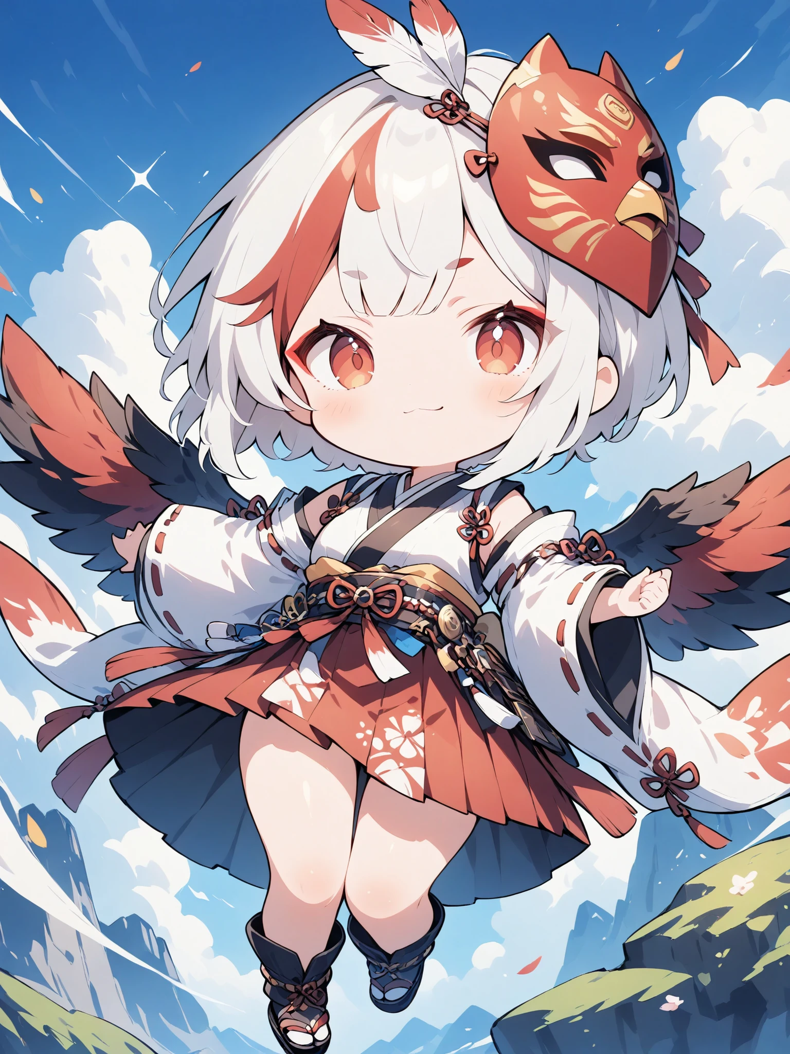 thin and soft painting style 、1 person、solo、 chibiキャラ、 chibi、Tengu girl、Sky Dog Decoration、Tengu Outfit、Tengu feather、Tengu clogs、Red eyebrows、Mask of a tengu on the head、red eyeliner、white hair, highlights hair, red streaked hair、yellow porn、squint、boyish