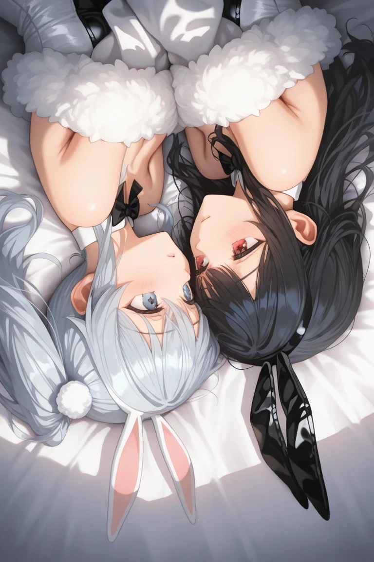 (masterpiece), close to viewer, good anatomy, ((2 girls, hugs, kissing, blush, heterochromia, shy, fox ears)), ((streaked hair), silver long hair, hair between eyes), beautiful large breasts, lying, bed, (wedding dress), bare shoulders, lace choker, (elbow gloves), blue rose hair accessories, petals, rose_petals, cherry_blossoms, falling_petals