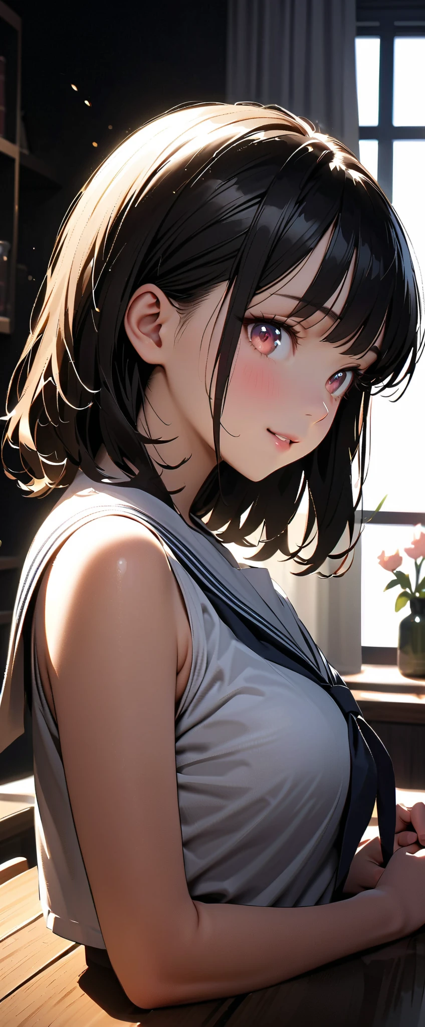 (Ultra-high resolution of the highest quality, masutepiece, Best Quality, 8K, Super Detail, Best Quality:1.3), (Anatomically correct:1.3), (face shot:1.6), (1 ), (Child), (Loli), (inf, (Small body), (flat chest), (elementary school student), (blush face:1.6), short black wavy hair, bangs hair over eyes, (drooping eyes), (loose sweater:1.2), girl's own room, (funny smile), (beautiful hair, beautiful eyes, beautiful face), (face focus, human ear focus, clavicle focus), from side