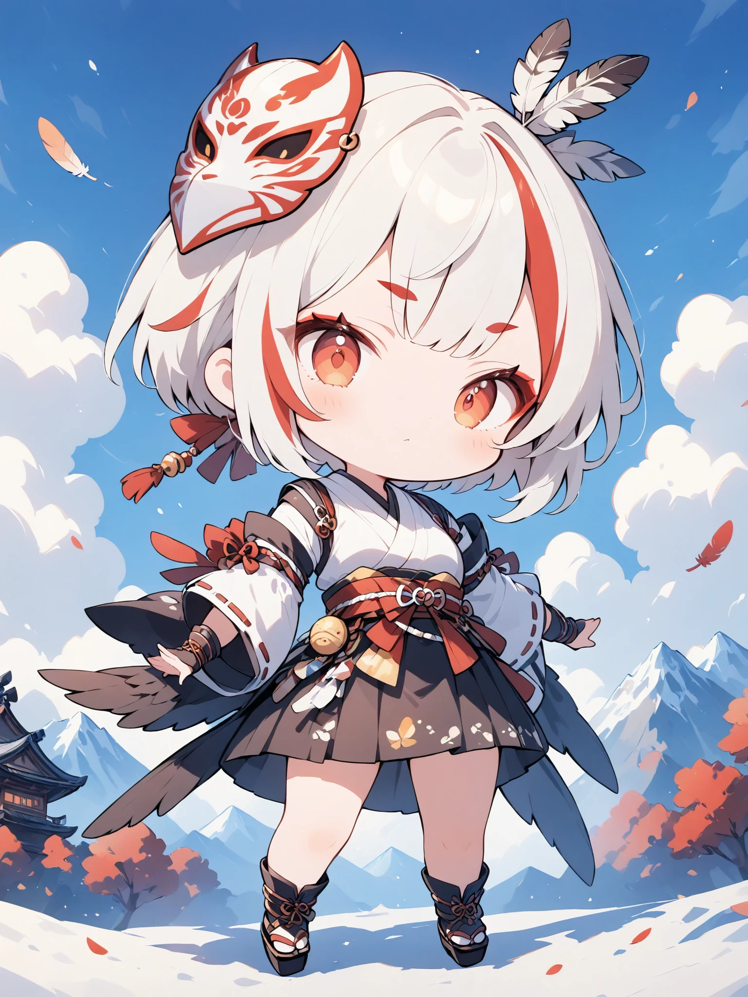 thin and soft painting style 、1 person、solo、 chibiキャラ、 chibi、Tengu girl、Sky Dog Decoration、Tengu Outfit、((Tengu feather))、Tengu clogs、Red eyebrows、Mask of a tengu on the head、red eyeliner、white hair, highlights hair, red streaked hair、yellow porn、squint、boyish