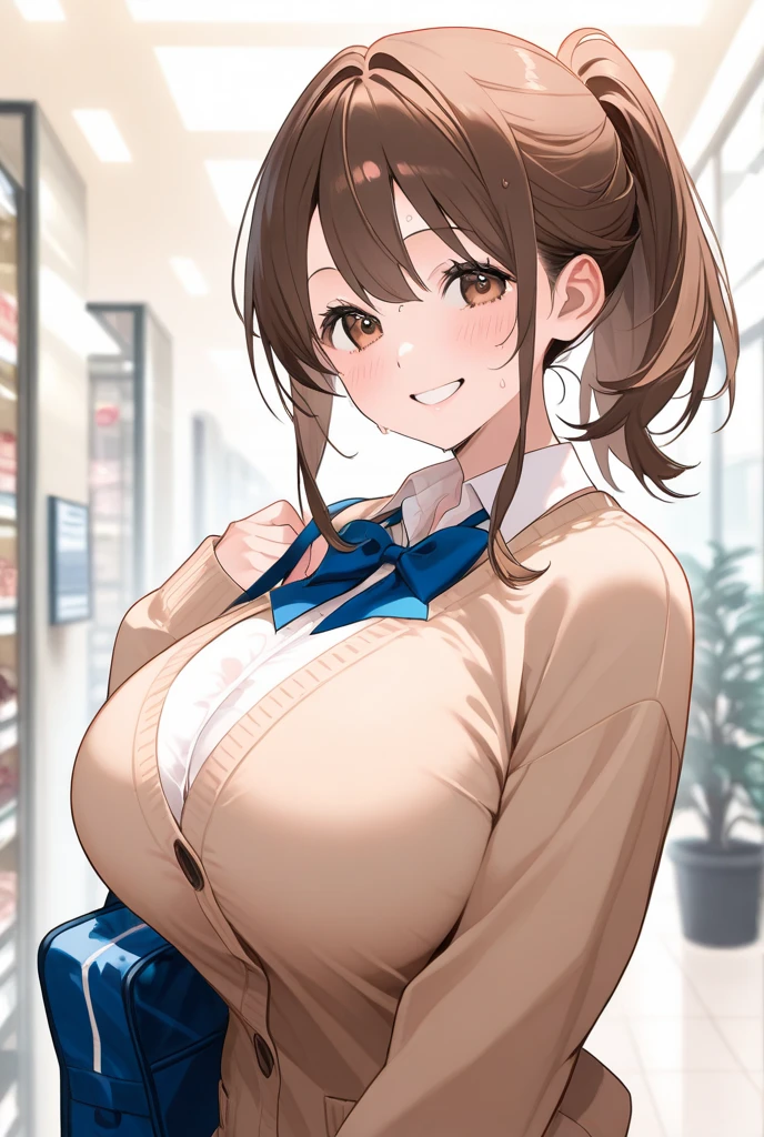 ((solo)),eyeshadow,lip,Shiny eyelashes,mature woman, pubic hair,skirt lift, bra,((upper body)),devil smile,huge_boobs,half color hair,room,indoors, cowboy shot, leaning forward, blush, finger to mouth, closed mouth, cleavage, collarbone, , white shirt, collared shirt, skirt, long sleeves, index finger raised,school bag,cardigan around waist, brown cardigan,panties,
