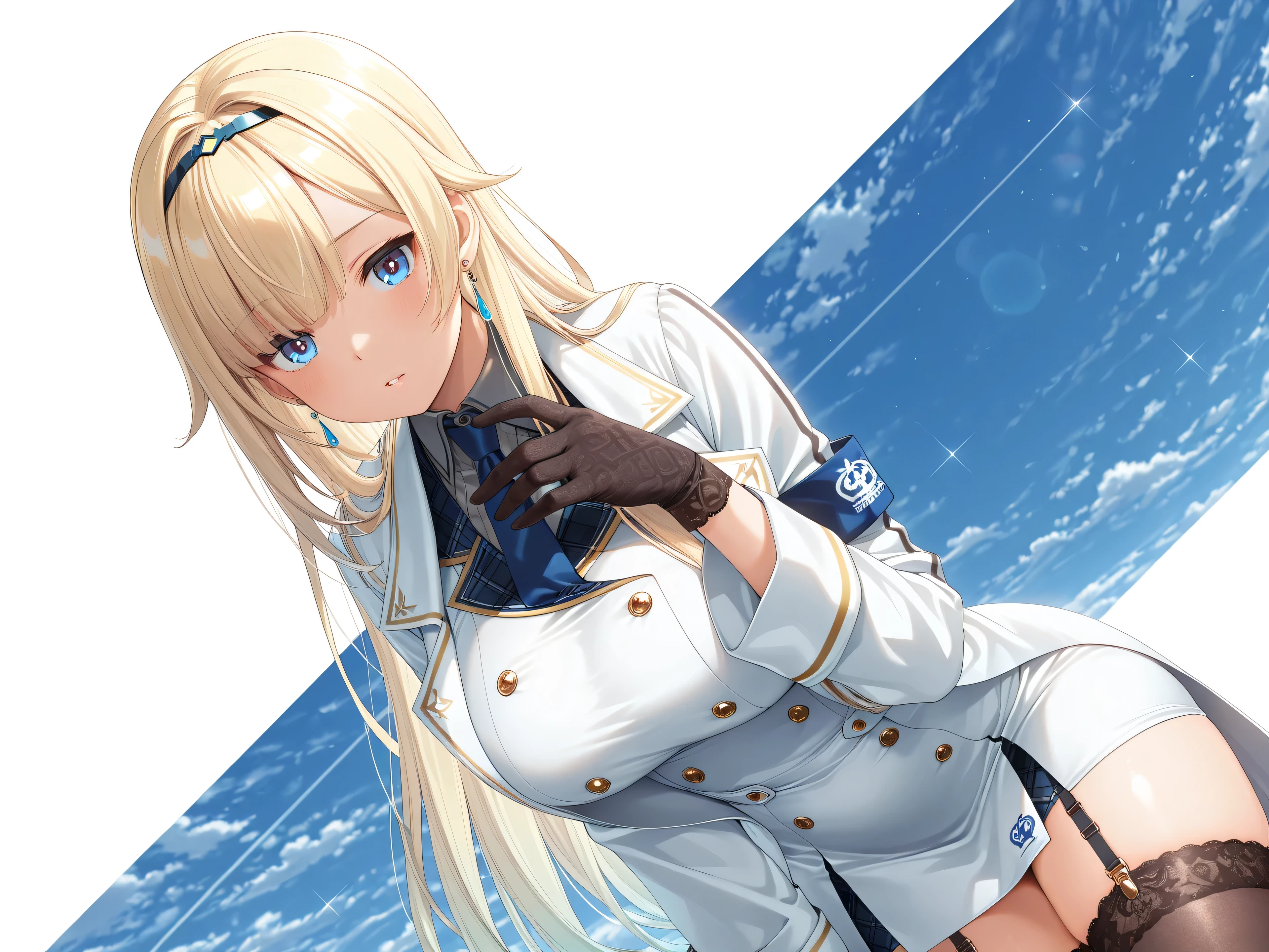 best quality, amazing quality, highres, absurdres, very aesthetic, high resolution, ultra detailed, perfect details,Super detailed,High resolution,EmaMilitary, long hair, hairband, earrings, short dress, necktie, gloves, white coat, garter straps, thighhighs,large breasts、look at viewer、anime screencap
