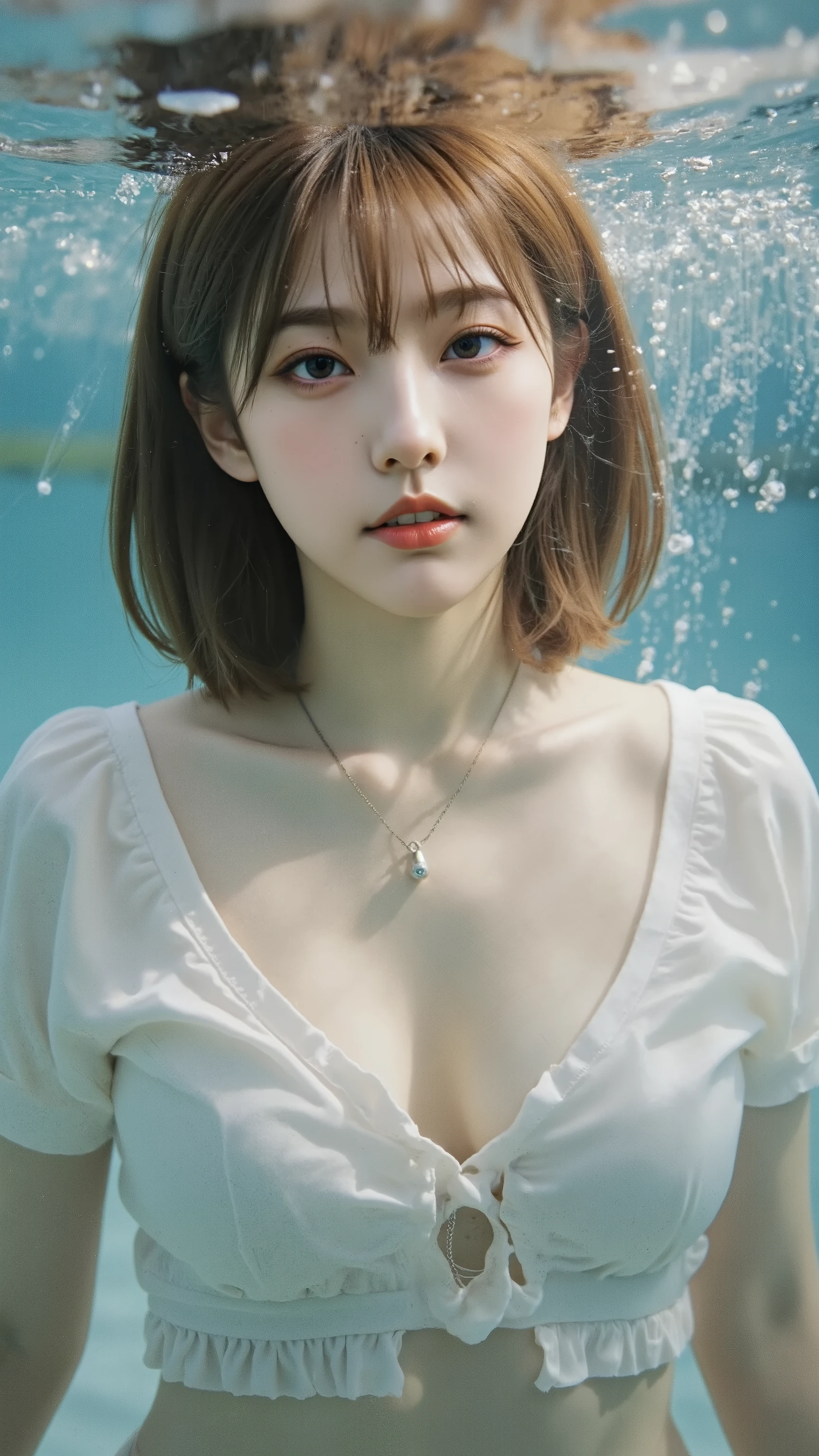 masterpiece, (realistic photo:1.2), (realistic photo:1.3), , thud, Talent ,, young girl, (Wide jawline :1.3), bright skin, (japanese girl), (Girl swimming:1.3),(holding her breath:1.3), in a sloppy short bob, (very light brown hair:1.2), (thin eyebrows), flat chest,Tshirt, earrings,necklace, very well-shaped face, (No makeup:1.2), (Underwater camera),(in the bottom shot:1.2)