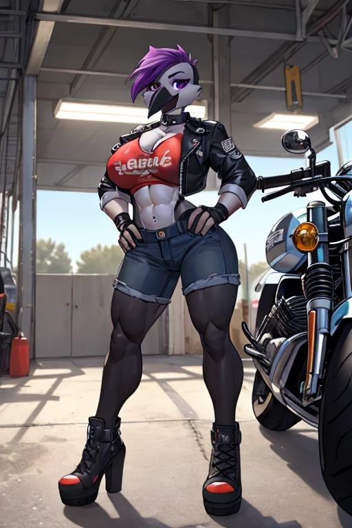 pale skin ((1girl bodybuilder muscular toned body wide hips thick thighs curvy huge tits)) black hair yellow eyes sad sad (motorcycle shop)