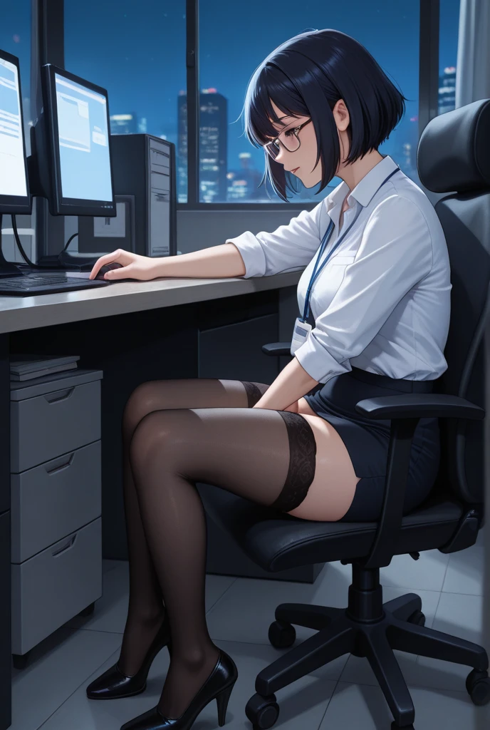 akeno,fullbody, perfect body, detailed face, detailed eyes,sexy,high res,high quality, masterpiece, office uniform,sitting on office chair, office,very sexy,large breasts,black shining heels,open mouth, embarrassed ,blush,top quality,(best quality,4k,8k,highres,masterpiece:1.2),ultra-detailed,portrait, erotic, sensual, voluptuous, glowing skin, detailed facial features, alluring gaze, cinematic lighting, rich colors, dramatic shadows,red nails,look from high, side view,sexy,look from side,black skirt,black pantyhose,white shirt,black jacket,red tie, choker , looking from high, elegant, elegantly sitting,sfw,sits by the office table,look from top,photo at an angle,look from side, detailed heels, working, looking at her table,working on computer, looking at computer ,porno on computer ,watching porno, watching at nude girls,horny, large black shiny heels