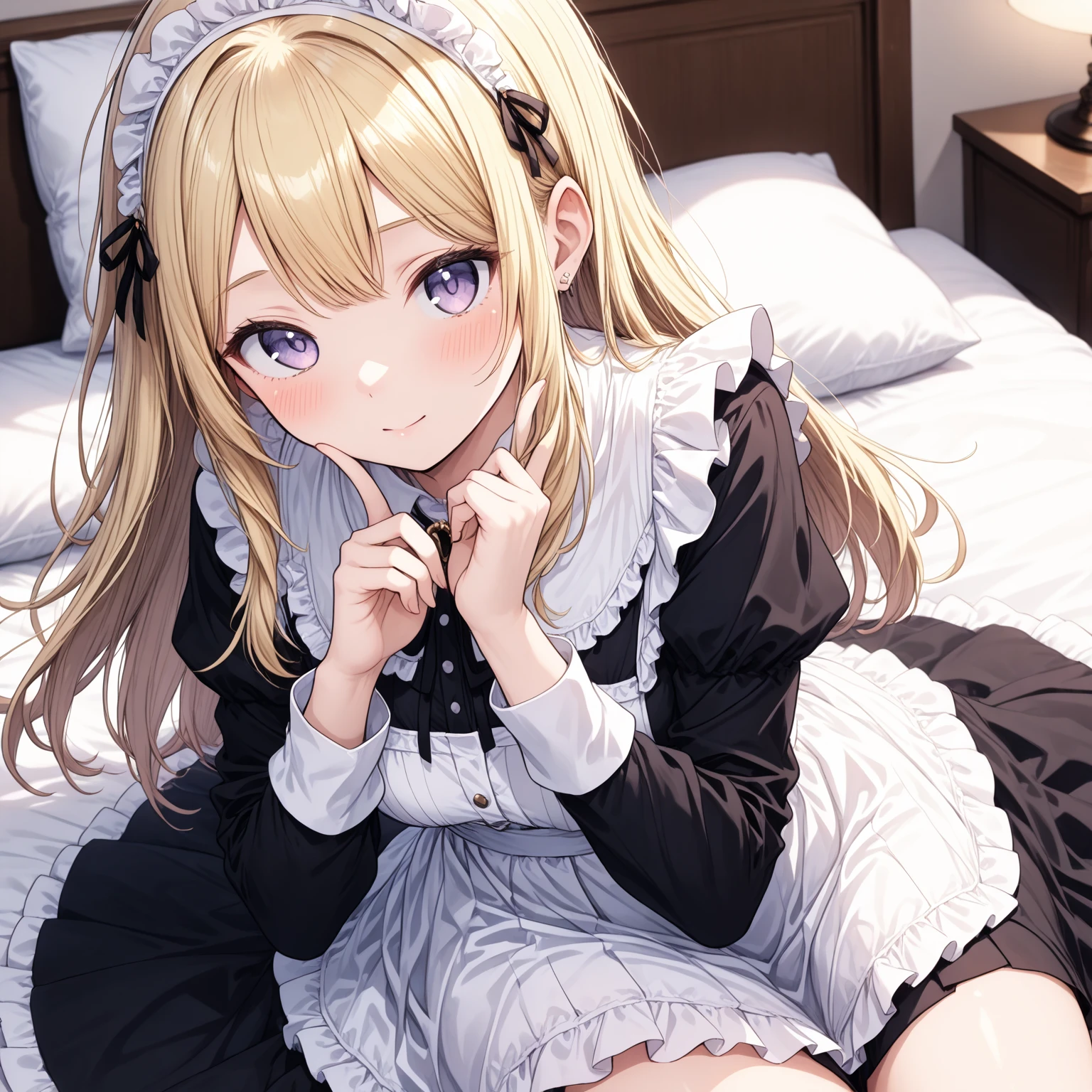 Beautiful long blonde Girl in black maid outfit Long sleeve Shyness On all fours On the bed