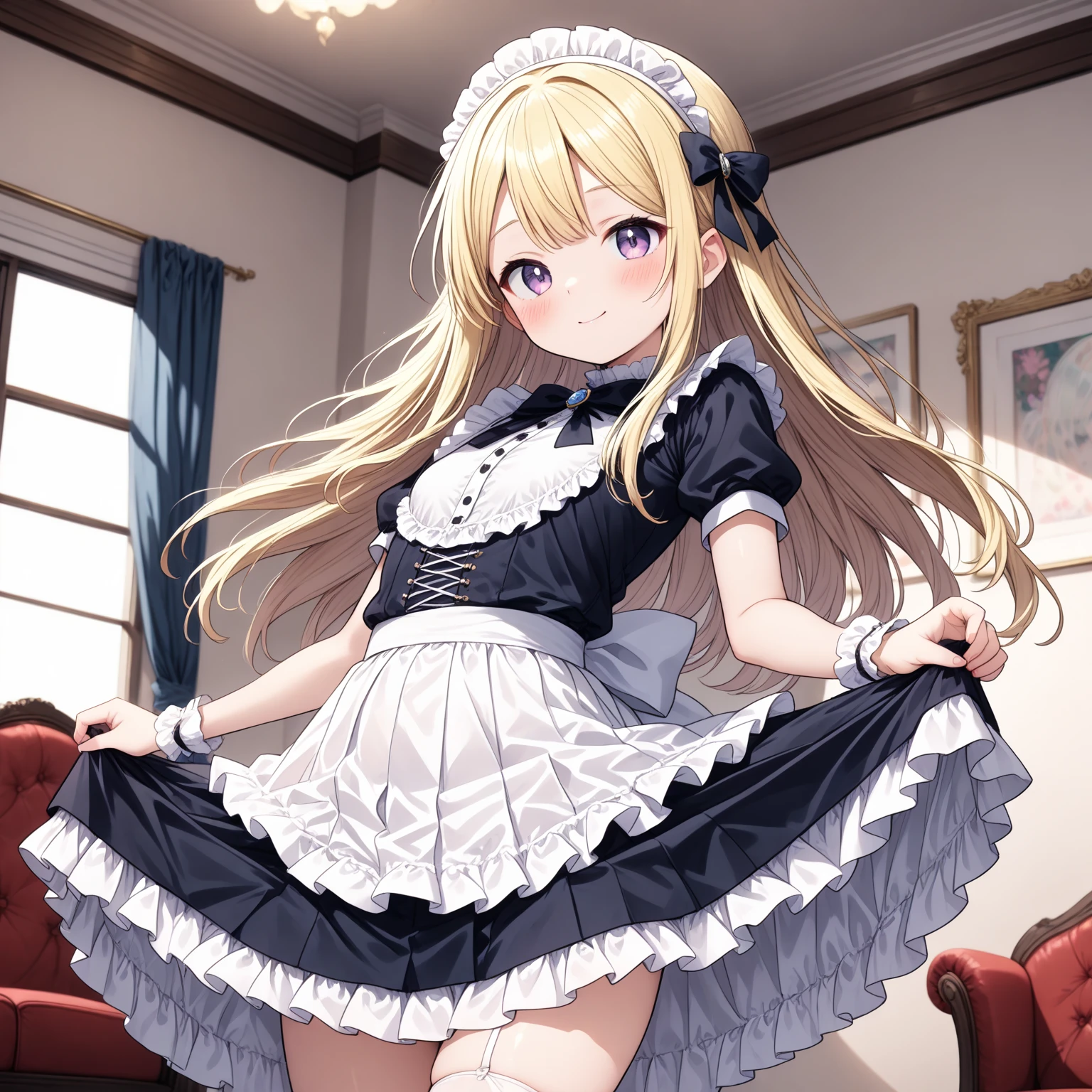 Standing footjob throw Standing footjob POV penis male leg Male masturbation throw hands penis Girl in black maid outfit Beautiful long blonde hair Trampling on penis Sadistic smile Cum on feet Long skirt