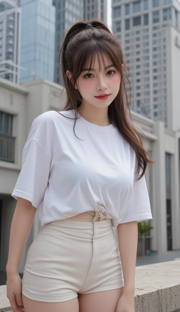 (Raw photography:1.2)、top-quality、Detailed beauty、Beautiful Korean Woman、The most beautiful women in the world、Beautiful sharp face、Long face、21years old、A smile、Happy smile、light brown hair、fluffy and voluminous hair、extra detailed face、beatiful detailed eyes、eye line、Nasal nose、a small face、、tiny chest、Natural sunlight、depth of fields、Blurry background、hight resolution、8k wallpapenely detail、Very detailed 8k wallpaper、light、sexy pose、(photorealisim:1.4)、super detailing、masterpiece、croptop、Small T-shirt、hotpants、shot from a side angle、Road by the sea、lean against the wall、