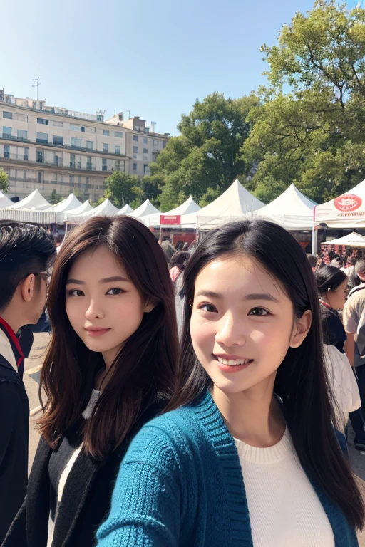 Ultra-realistic、High resolution、High resolution8Kフォトリアリスティック画像。Scenes of Japanese sisters who look completely different。My sister is big, Beautiful Face, Long black hair.、Kind eyes、Elegant atmosphere。my sister is short、Has short brown hair.、Lively expressions、She has a baby face and big breasts、Wearing sexy clothes.。background, People at an open-air cafe in Paris々sits.。Warm natural light pours in。Both facial details are clearly visible.、If so、everyone'personality。Create photo book-like page layouts。Detailed human skin:1.24