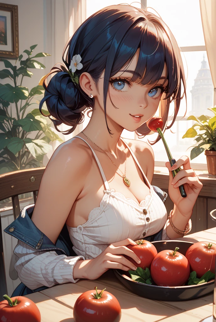 full body、Completely naked、((lying on table))、(((A lot of cut fruit is neatly arranged directly on the body)))、Great lighting, ((masterpiece)), highest quality, Beautiful art, Photorealism