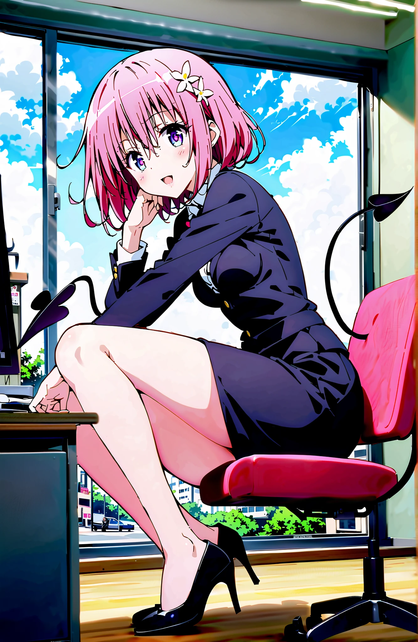 Momo Deviluke,solo, Demon Tail, hair flower, hair ornament, PURPLE EYES, pink hair, short hair, Medium breast,heart shaped necklace,smile,blush,open your mouth,OL, red glasses, end, black suit jacket, collared jacket, white dress shirt, collar shirt, button, , Black Pencil Skirt, is placed on the work desk, pin heels,sit on a chair with your legs crossed,interior,The computer is on the table, large window,noon, Beautiful Streetscapes,full bodyがイラストに入るように,壊す looking at viewer,full body,
Destroying Indoors,office ,
wallpaper,(shape:0.8),( fine, beautiful eyes :1.6),It's a person ,full body写真,CG Details , (perfect hand in h,Complete Anatomy),