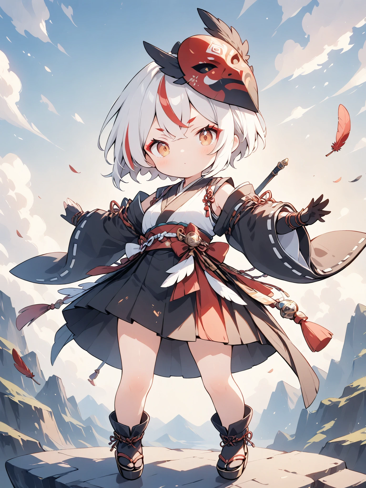 thin and soft painting style 、1 person、solo、 chibiキャラ、 chibi、Tengu girl、Sky Dog Decoration、Tengu Outfit、((Tengu feather))、Tengu clogs、Red eyebrows、Mask of a tengu on the head、red eyeliner、white hair, highlights hair, red streaked hair、yellow porn、squint、boyish