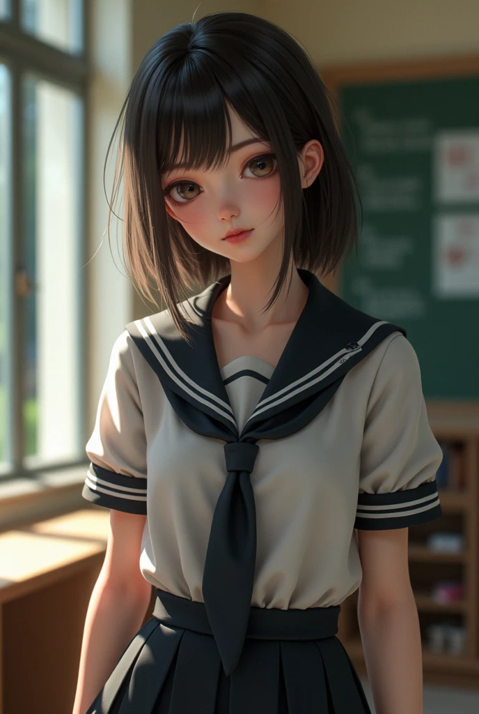 (masterpiece,Highest quality:1.4),(8k,RAW Photos,Photorealistic:1.4),Ultra-high resolution, ,(Glowing Skin:1.4),Detailed skin,Detailed face,Detailed eyes,(Beautiful and shining eyes:1.2),Symmetrical eyes,Detailed ears,One person,Natural Makeup,high school girls,(((Japanese Idols))),(Japanese Face),Detailed Background,Vivid background,Beautiful and shiny hair,18-year-old,((Average teenage breasts)),,(Detailed Summer school uniforms for senior high school girls Japan),,((Sharp Face)),Natural light,,(Very detailed ,Trend design for 2024,online shopping,LUMINE® Market,),Trendy hairstyles,black_hair,long_hair,Upper Body,Instagram Style,(Detailed classroom of a girls' high school,,Location was great.),,Realistic high school girl