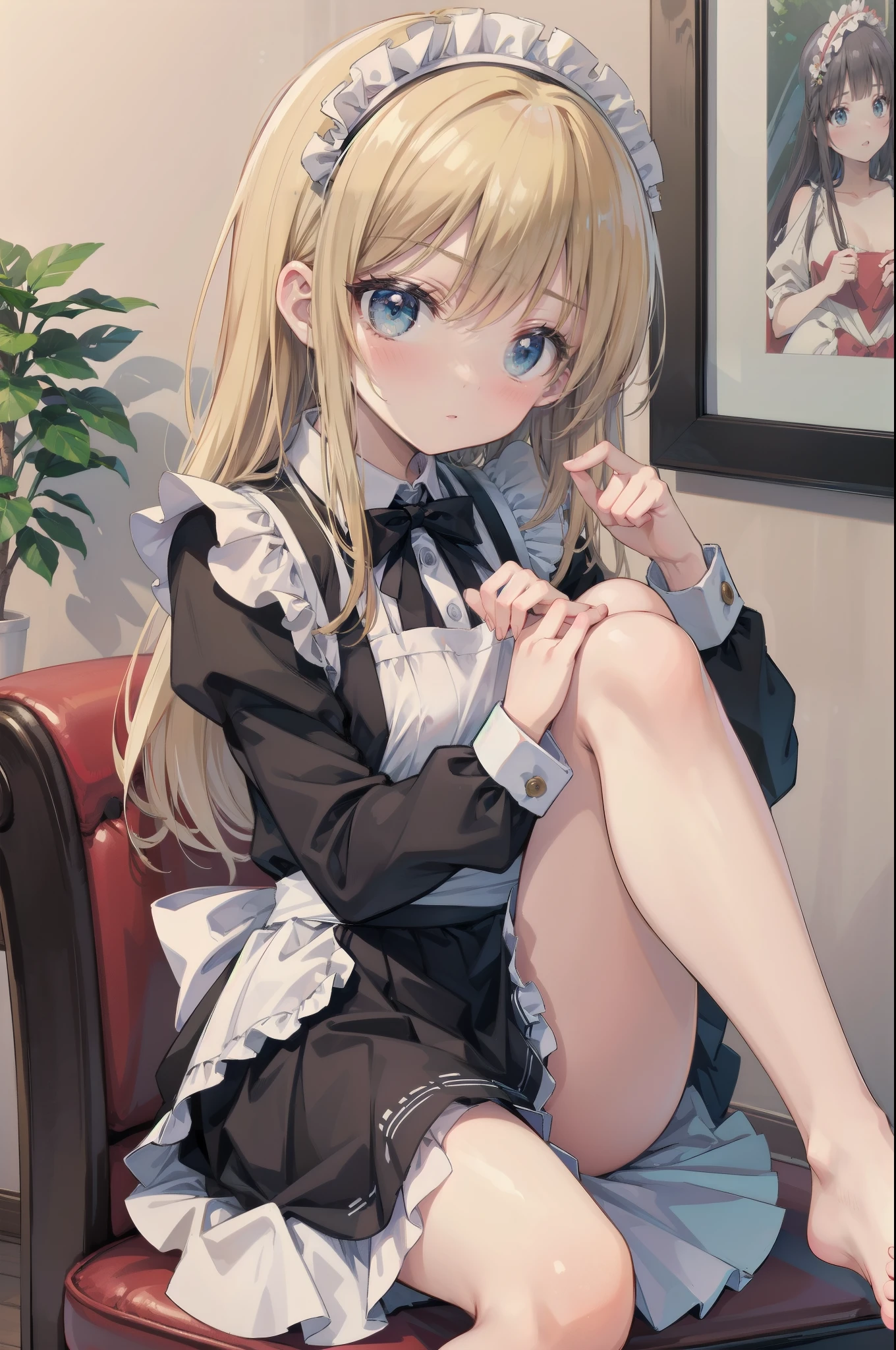 (convenient leg:1.0), feet focus, (knees together feet apart), Gently stare,  by krenz Cassiato , is sitting, Asuka, Anime Styleイラスト, Official Art, high quality anime-style art as a model, high resolution, Anime Style, （maid clothes:1.5), (face close-up:1.1), (NSFW:0.8,) ( blond and blue eyed),