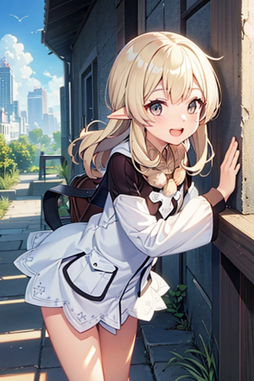 bottomless, upskirt, loli, outside, open mouth, smiling, daylight, short, small, pointy ears, blonde hair