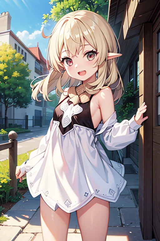 bottomless, loli, outside, open mouth, smiling, daylight, short, small, pointy ears, blonde hair