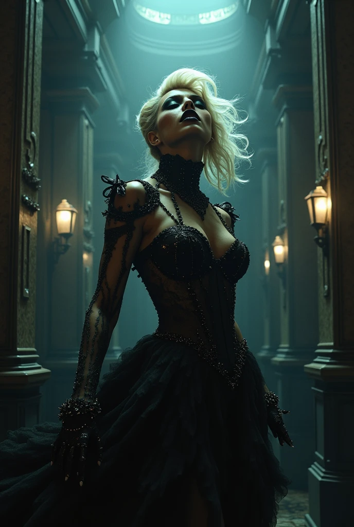 A blue skinned elf greatly resembling Paris Hilton. She has overly large jet black eyes. Her mouth and jaws are now double their normal size. Fangs. Scary mouth. Her mouth is open to reveal large sharp teeth especially big dagger sized canines. Her mouth is dripping a green semi transparent ichor. It is a moonlit night. She has 6 arms. Her fingers end in long sharp claws. She is wearing translucent spider web lingerie. Horror