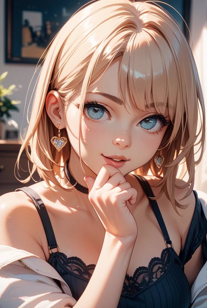 (​masterpiece),(top-quality:1.2),1girl in,(masuter piece:1.3),exquisitedetails, top-qualityの8K解像度,Vibrant colors,  With warm and gentle lighting,(head tilt:1.2),(finger to mouth:1.3),(put out the tongue:1.1),(smooth straight blonde hair:1.2),(Hair parted in the middle:1.3),(Glowing hair),(Dark blue eyes:1.3),cute smile face,White skin, hair clips,Small necklace,Summer morning