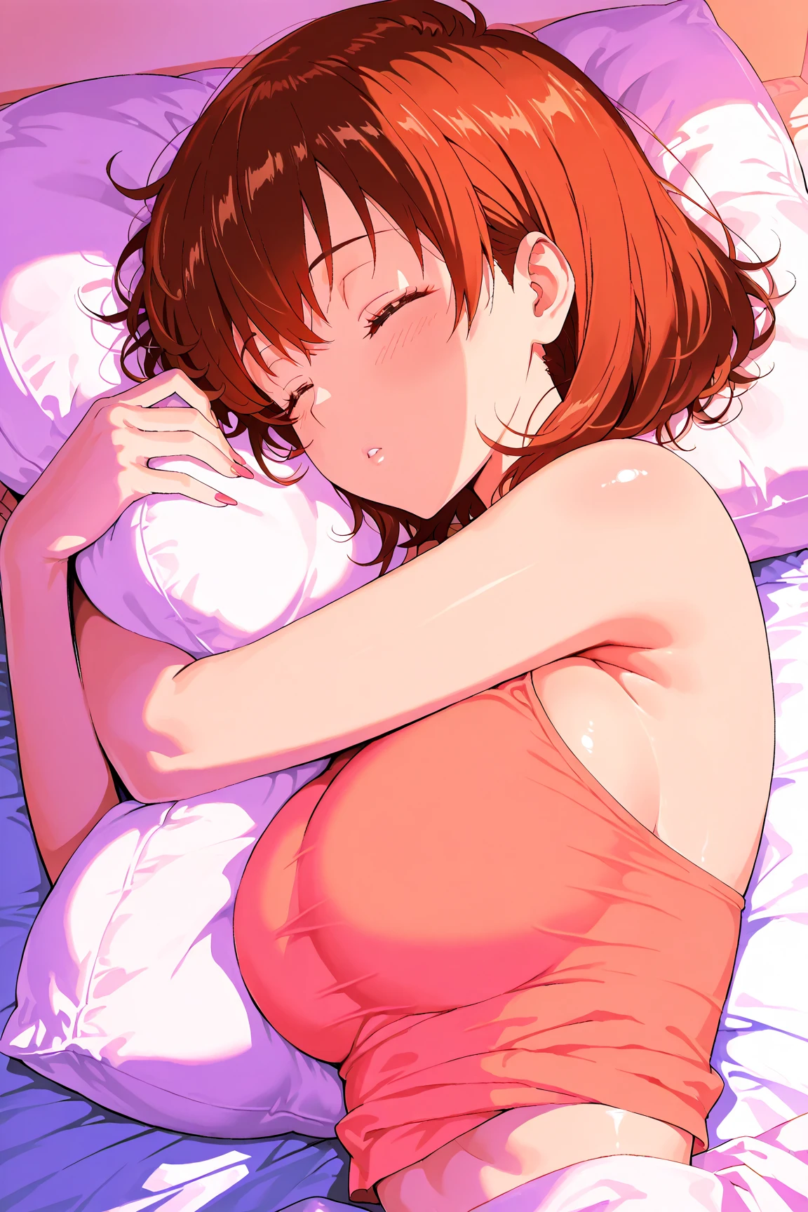 (masterpiece, Highest quality:1.2)、Overhead Shot、True Face、nsfw、Beauty、boyish、Red hair、Be confused、Completely naked、Pixie Cut、On the bed、Sex、Upper Body、Male hand、sleep、Love Hotel、