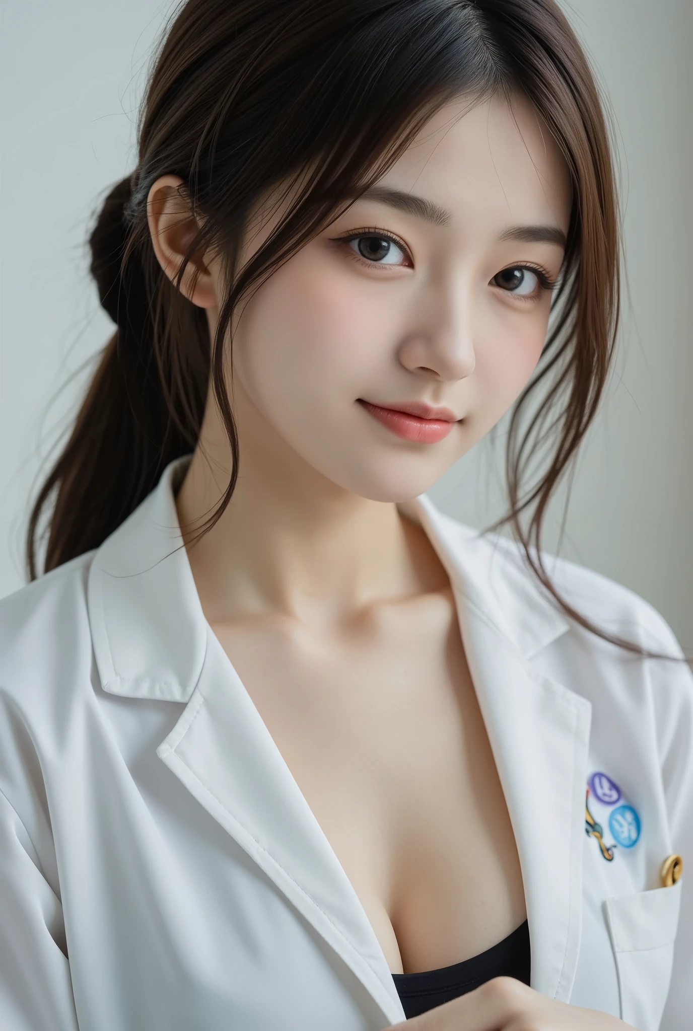 (masterpiece:1.3)、Super detailed finish、(High resolution、8k:1.3)、(highest quality)、(Super realistic like a photo:1.3)、(professional portrait、professional writing)、correct limbs、anatomically correct, perfect proportions、The face is in focus、close up on face:1.2、ultra high definition face、Face is in focus、Ultra high definition and beautiful eyes、(focused eyes、eyes that are not too big、Eyes are symmetrical:1.3)、High-definition and beautiful skin、firm skin、Ultra high definition hair texture、(japanese woman)、、very cute, half updo:1.3, nurse、nurse, medium breast、nipples:1.2, (ピンクcolorの美しい乳首:1.2) break (White nursing uniform、白いnurseの制服:1.3),on the hospital bed、 (embarrassed:1.3), (blush:1.3), (Strange look:1.3), Looking up at the camera、nsfw, (shy pose:1.3)、Awkward pose、I have my mouth slightly open、color々shooting angle:1.2
