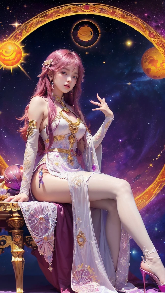 One girl、A pink-haired star mage named Maria Chiquinha、(expansion:1.3)、(Space comets:1.5)、Looking up at the night sky with deep concentration、Long flowing robes、An intricately designed star emblem、Cane in hand、A magical aura of starlight surrounds her.、highest quality、masterpiece、Sparkling Space Comets、swirling galaxy、Bright constellations、High resolution vivid illustrations、 Realistic details、Long hair motion blur effect、HDR Effects、Very detailed features。