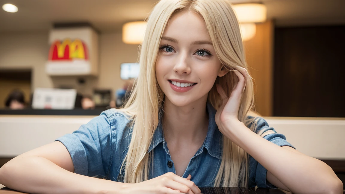 A hyper realistic blonde, with a defined face, red cheeks, full mouth, light eyes, straight blonde hair, in a hotel, more realistic smile, showing her entire body, wearing a sensual black dress, looking at the ceiling of the room