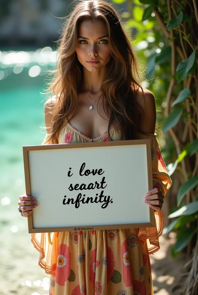 Beautiful girl with wavy long hair, bikini dress, holding a white board with text "I Love Seaart Infinity" and showing her big ass