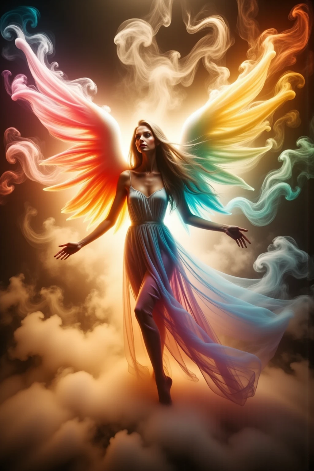 Glowing, luminous, soft rainbow-colored thread dances in the air, drawing the mist-like silhouette of an angel against a stark black background, angelic form appears ethereal and dynamic, dance of colors suggesting motion, thread weaving through the composition with grace, striking contrast between vibrant spectrum and dark void, suggestive of an otherworldly presence, moody ambiance with a surreal touch, high-resolution digital painting, vivid colors, ultra-fine detail.