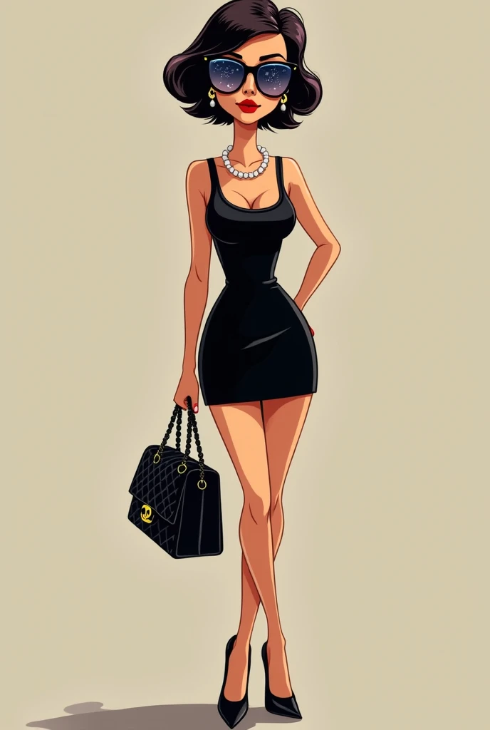 Vector illustration, girl, minimalist, flat color, A Female with bob black haircut with blue eyes and Red lips, bare shoulders, black dress, taut dress, spaghetti strap black dress, sleeveless, black high heels, standing up against a wall in the sidewalks streets at daytime in the background, 1 girl, solo, looking at viewers, smile, full body