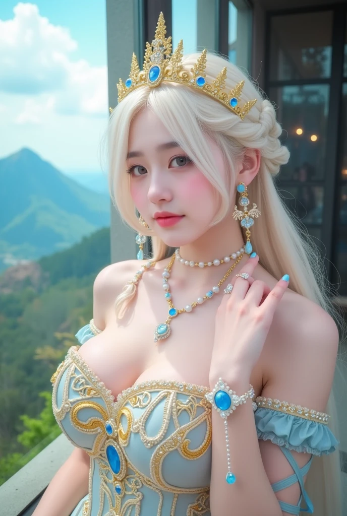 (heavy breasts)、(Mystical expression),top-quality、masterpiece、超A high resolution、(Gold Dragon Armor)、(((Colossal tits))),dragon armor、(((large floral ornament on the head))),(((Detailed Micro Bikini))),(Wearing a beautiful crown made of jewels),(Photorealsitic:1.4)、Raw photo、女の子1人、(((Random hair))、(((Take different poses)))、glowy skin、(((White Chinese Dragon)))、Intricate and ornate hair ornaments、(Gorgeous Jewelry Necklaces)、(Mystical expression)、(Full Body Angle)、(Fight big dragons)、(Metal bikini)、((beautiful lake background)),(beautiful forest background)、Precipitous cliffs、(Castle background)、((super realistic details))、portlate、globalillumination、(sexypose)、Shadow、octan render、8K、ultrasharp、Colossal tits、Raw skin is exposed in cleavage、metals、Details of complex ornaments、Japan details、highly intricate detail、Blue eyes、radiant eyes、Facing the camera、Toostock、(Full Body Angle)、(veils)、(((Heavy Big))),((she is wearing a beautiful jeweled bangle.)),