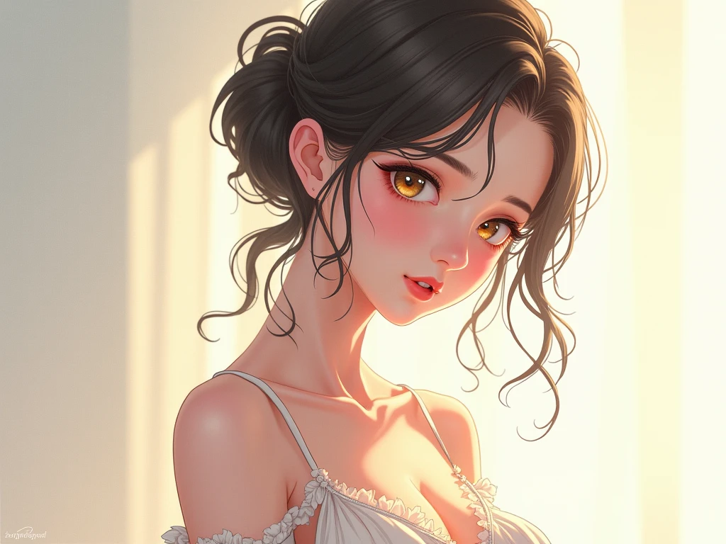 score_9, score_8_up, score_7_up, score_6_up, score_5_up, score_4_up,masterpiece,source_anime,highres,high contrast,photo realistic(realistic:1.3)mature female,smmruzk,30 years old(half close eyes:0.8)busty,red lips,long hair, brown hair, wavy hair,one side up,brown eyes,blush,Room