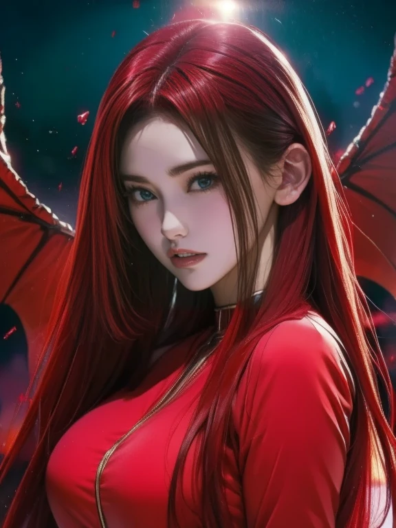 (hyperrealistic), (illustration), (high resolution), (8K), (extremely detailed), (best illustration), (beautiful detailed eyes), (best quality), (ultra-detailed), (masterpiece), (wallpaper), (photorealistic), (natural light), (rim lighting), (detailed face), high detailed realistic skin texture, anatomically correct, solo, 1girl, (high detailed realistic hair), (red hair:1.3), (heterochromic eyes), (detailed red glowing eyes), (small moles under the eyes), (realistic huge breasts:1.3), (cleavage), (bare shoulders), (long legs), (tight abs), (dynamic pose), (closed lips:1.3), (full body), absurdres, highres, ultra detailed, eyeliner, sideboob, narrow waists, demon wings, devil horns, tattoo, detail background, FireMagicAI, intricate, Darkness Empire,
