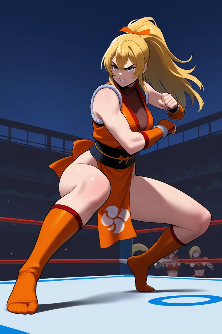 A woman with blonde hair, ponytail, green eyes, wearing red ken street fighter uniform, standing in a martial arts gym, smiling, full body, bokeh effect, atmospheric perspective, 8k , super detail, accurate, best quality, award winning, textured skin, high resolution, anatomically correct (solo female)