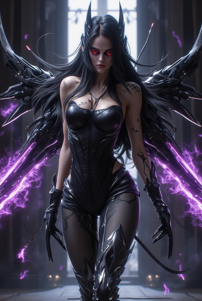 (a woman with wings on her body and a black dress), (hand well), (finger well), (long braided hair), (bangs), funky pose, with in frame, ultra-detailed, 8k, masterpiece, (volumetric lighting), beautiful detailed eyes, (ambient light), realistic shadows, (fullbody:1), (1girl), (cowboy shot), looking at viewer, perfect body, body well:1, leg well:1, arm well:1