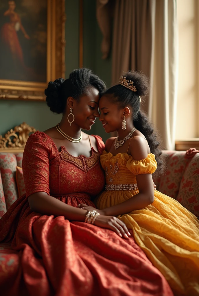 Visualize Queen Ranavalona III and her young niece , Reine de Madagascar, une femme blasian avec des traits distinctifs. Personne ne porte de couronne. She is sitting in her room with her niece whom she looks at tenderlyNo text on the picture, Please.