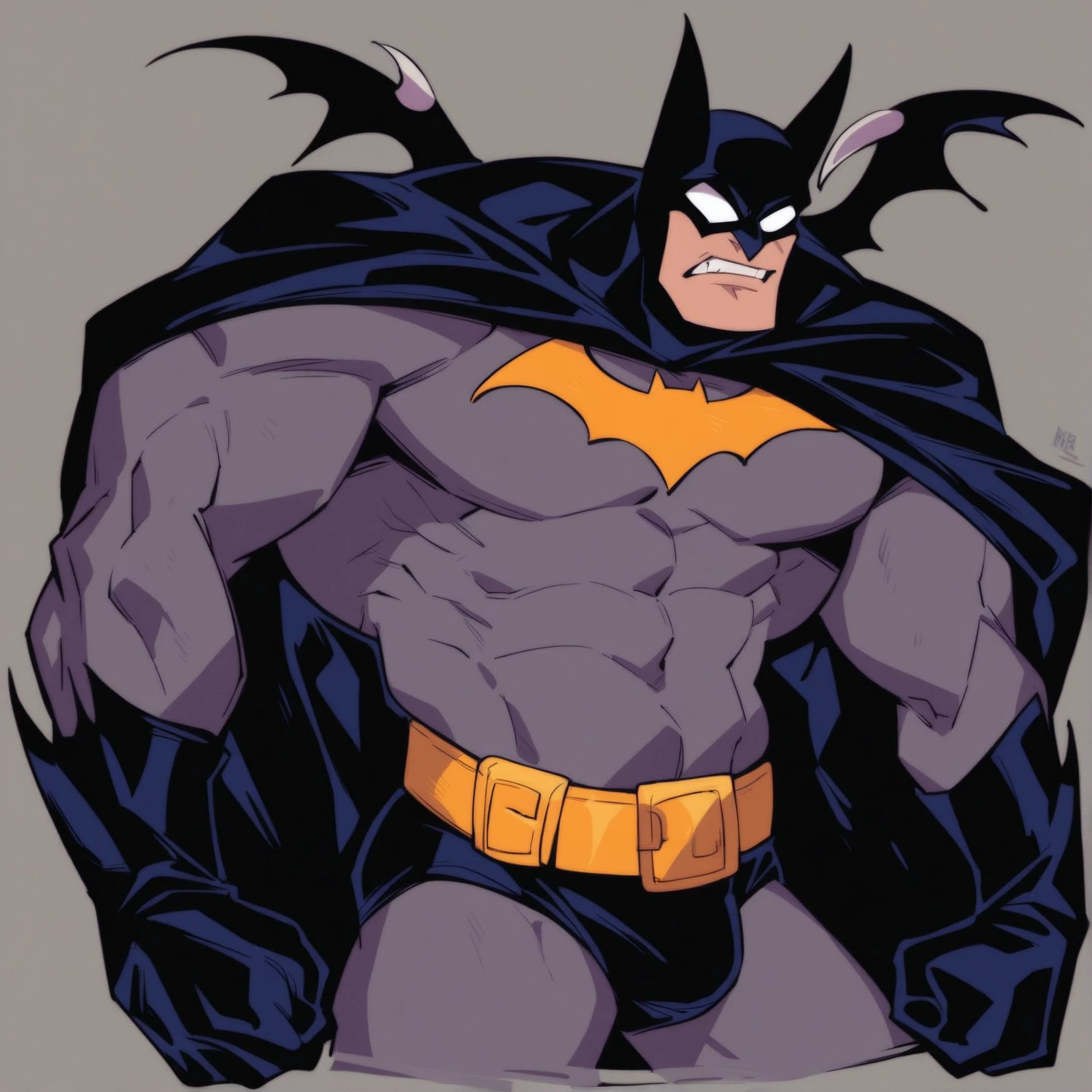 Batman, from front, super fine, lower body shot, middle-aged man, hunk, looking down and mouth wide open with shocked face, Batman's crotch get pinched by many people, Batman's crotch squeezed by many people,