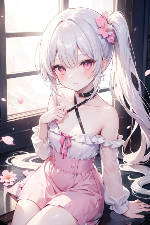 big breasts，特写big breasts，Wearing maid outfit，blush, surprise，look at me，red pupils，Lace tights，beautiful hair、 beautiful eyes、 beautiful skin、beautiful legs、beautiful arms、perfect fingers、 very cute，white hair, long hair，white cat ears, white cat tail,best quality，high resolution，top quality，Pink bow，slender eyebrows，hair slightly moist，On a very large white bed, white pillows，perfect waist，Skirt has cutouts at the end，Pouting，The clothes are a little wet，little girl，very young，18 years old，shy smile，Long messy white hair tied up，tempting pose，chiaroscuro，bare shoulders，Naked room，slit sleeves，There are a few drops of water on the breast，bare legs，barefoot，Ray tracing，disdainful expression，Beautiful girl alone，Most of the body is exposed，pink miniskirt，Lift up the skirt gently with both hands