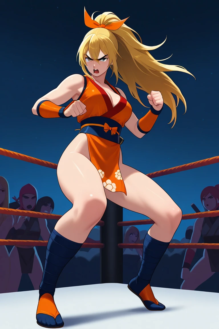 qualidade superior, 4k, mulher loira de cabelos cacheados longos, veste vermelha e seios grandes, pele clara e suave, Postura de combate, Maki Genryusai, papel de parede, Dojo Scenario, imagem para papel de parede