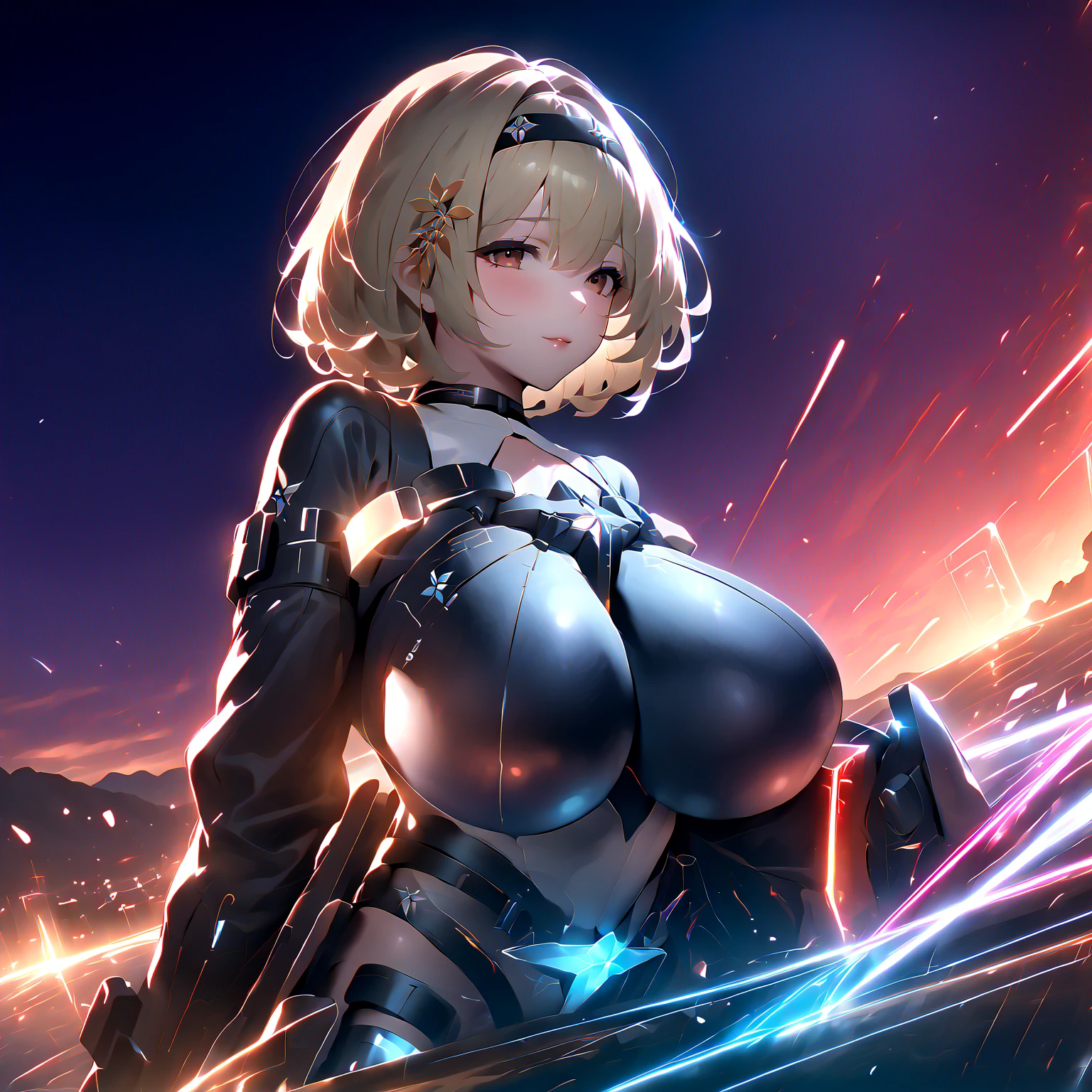 (((masterpiece))), (((best quality))), ((ultra-detailed)), (illustration), ((an extremely delicate and beautiful)), ((super detail)), ((high resolution)), (((20 years old))), metallic cloth, (cheerleader), (android), delicate metal decorations, gleaming skin, shiny body, two legs, breast focus, (((tall))), slender legs, ((big round eyes)), cute eyes, drooping eyes, ((adult)), two hands, five fingers, no extra hands, elegant smile, braid, ((metallic blue)), (see-through), (dark blonde), (ultra-huge breasts), (shining brightly), outdoor, mini skirt, daytime, ((biopunk)), ((hair shorter than shoulder)), medium length hair, gynoid,