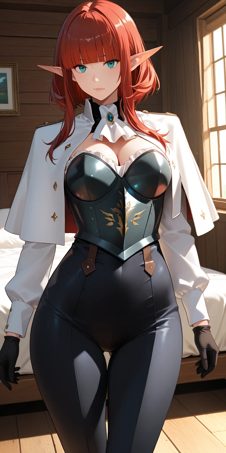 Big breasts, she is a Milf ((beautiful and cute woman in her 30s)), (long bright red hair, symmetrical bangs covering one eye), double eyelids, brown eyes, clear and detailed, hyper detailed, effect of light in the eyes, detailed iris, sensual body, ((wears a white blouse and black miniskirt with belt and suspenders, daring short miniskirt, beautiful and cool, hand on seductive lips)), cleavage, ((masterpiece, hyper realistic, hyper detailed, best quality, 16k, light and shadow on the skin, vivid colors), eyeliner, cute expression, perfect lips, innocent and sexy face, ((skin with light and shadow), beautifully seductive and embarrassed woman, passionate expression, lips parted ((she is a beautiful woman)), looking at the beholder, beautiful, charming and independent, beautiful balcony, gloomy cathedral (from below)