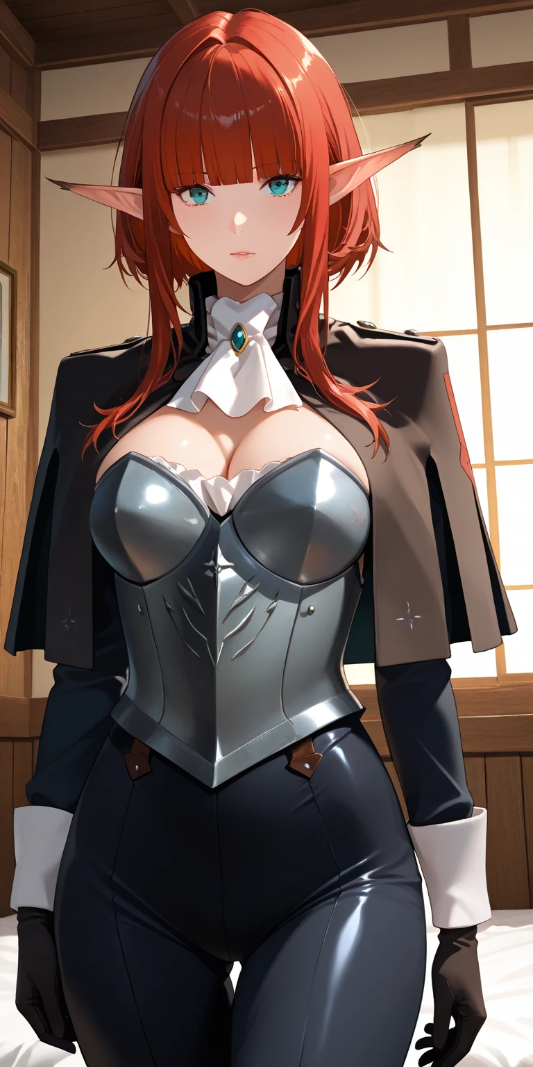 "(masterpiece:1.1), best quality, 
1girl, (80s anime style:1.3), (eyelashes:1.5), (loli:1.2), 
(intricate high detailed body:1.2), 
(red hair:1.1), (hair slicked back:1.2), (bob cut:1.1), (hair ornament:1.2), 
blue eyes, (red lip stick:1.3), 
(dark skin:1.5), (slim body:1.1), (gigantic breasts:1.5), 
(light smile:1.2), open mouth, 
(high cut bikini armor, corset:1.2), (garter belt:1.2), 
(spiked knight armor, armored boots:1.2), (fur:1.1), (accessories:1.1), neckwear, 
standing, peace sign, 
(upper body, cowboy shot, looking at viewer, from front:1.1),
medieval tavern"