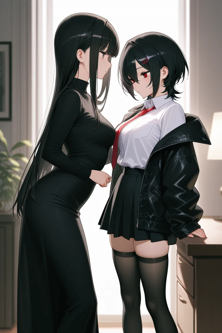 Beautiful Asian with medium long black and white hair sitting on a desk with her back to her in a black mini dress showing her ass to the viewer 